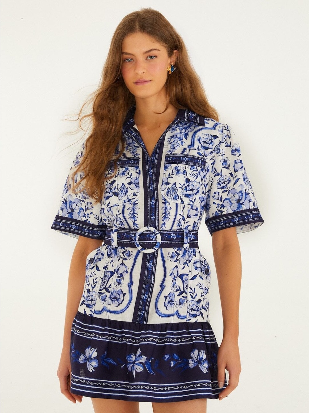 NWT 100% LINEN FARM Rio Blue and White Floral Belted Shirt Dress